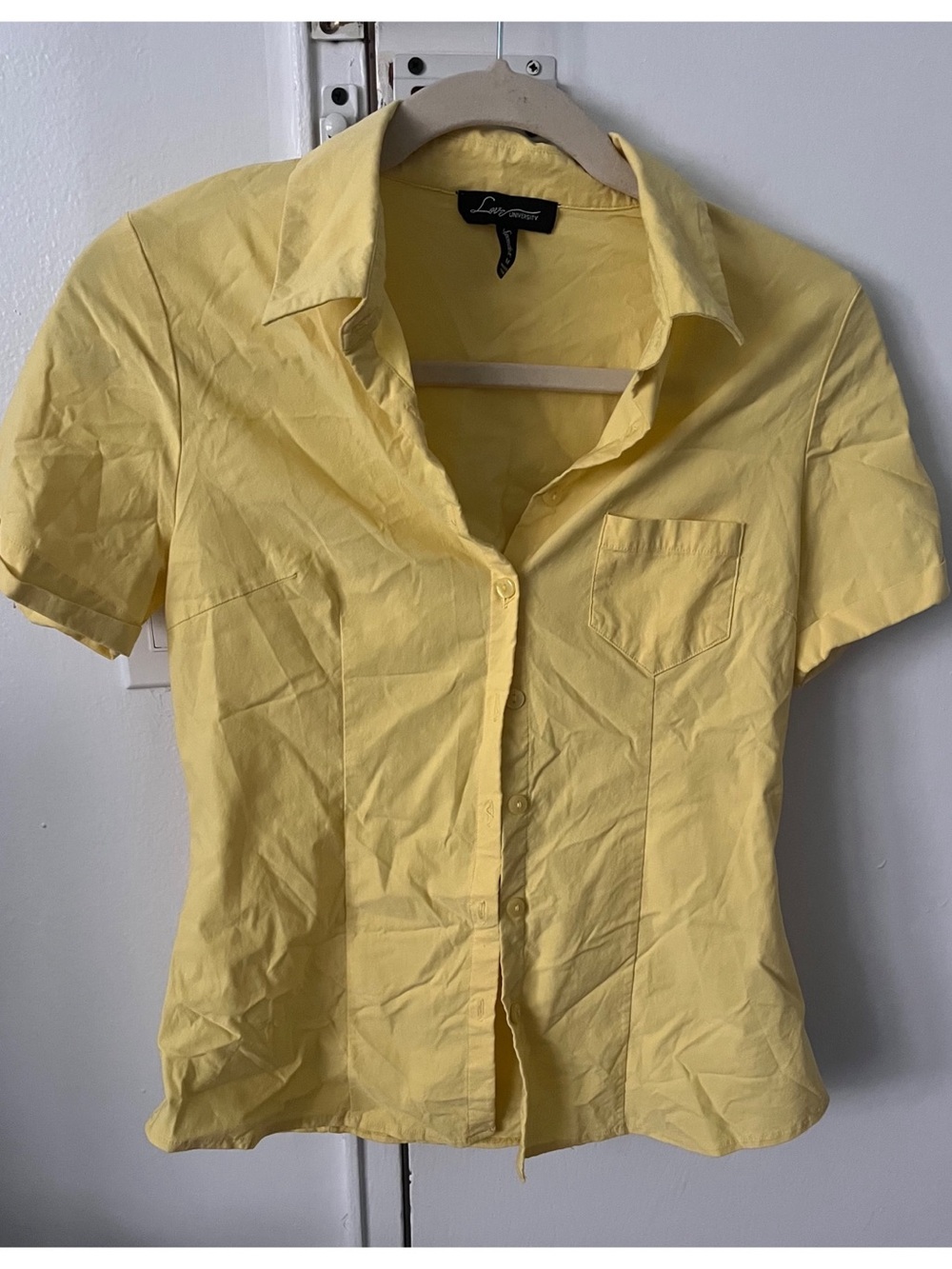 Love University Yellow button up short sleeve shirt Size M